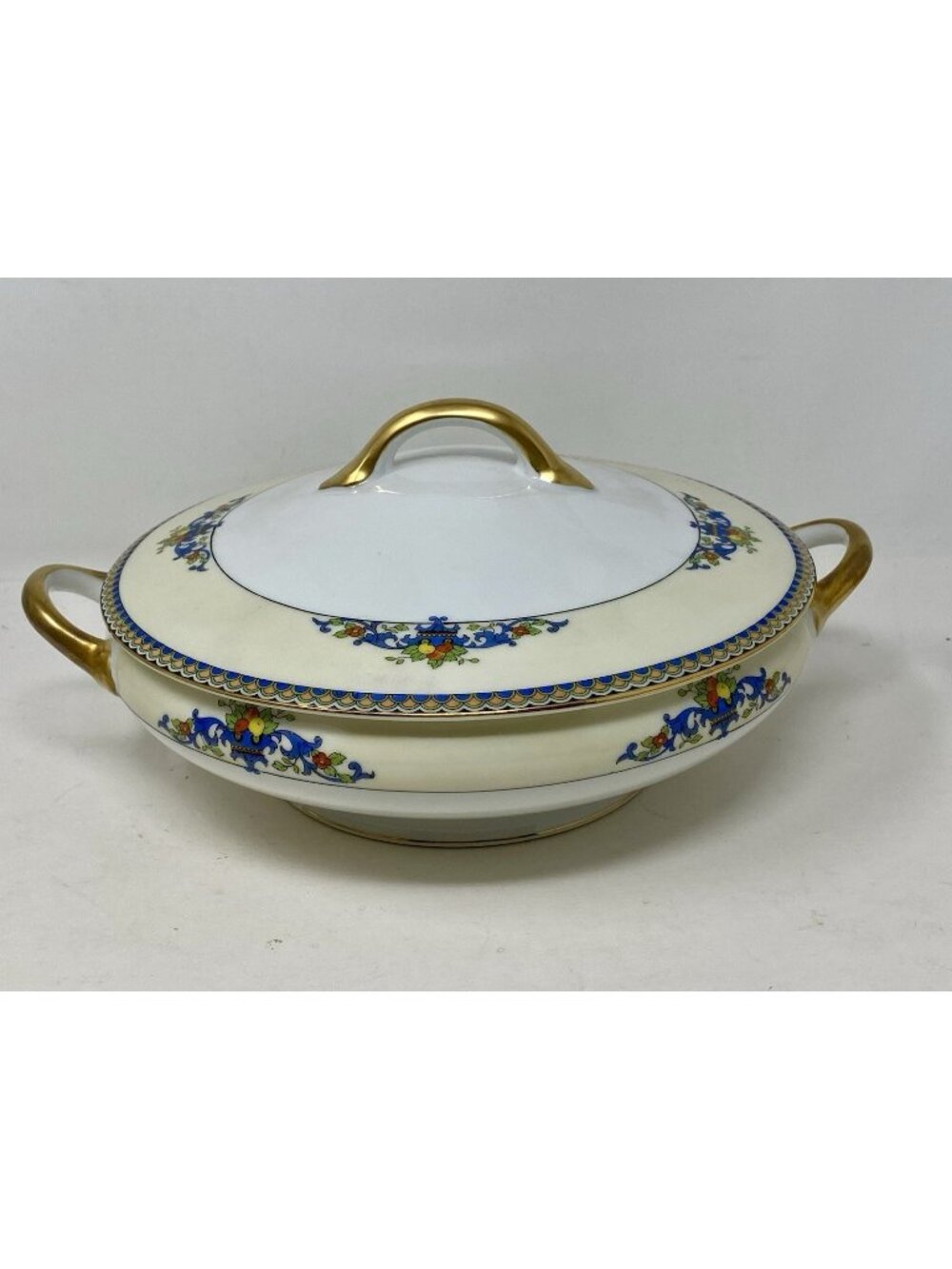 Antique Noritake Sorrento Round Covered Serving Dish Blue Scrolls Fruit Gold